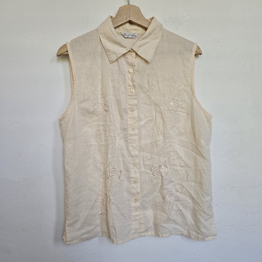 Once & Again 100% Linen Sleeveless Embroidered Button Down Cream Blouse XL - Picture 3 of 15